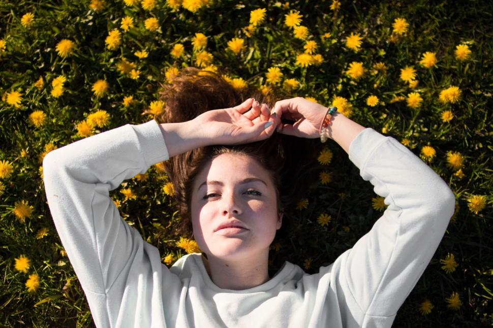 Free Image of Woman lying on grass surrounded by dandelions 