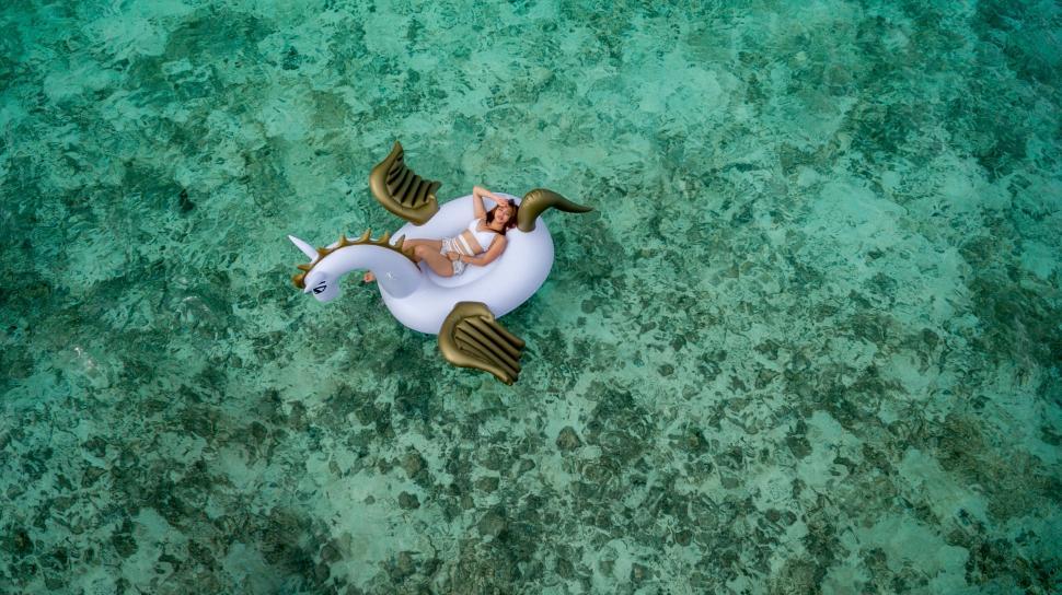 Free Image of Woman floating on a unicorn inflatable 