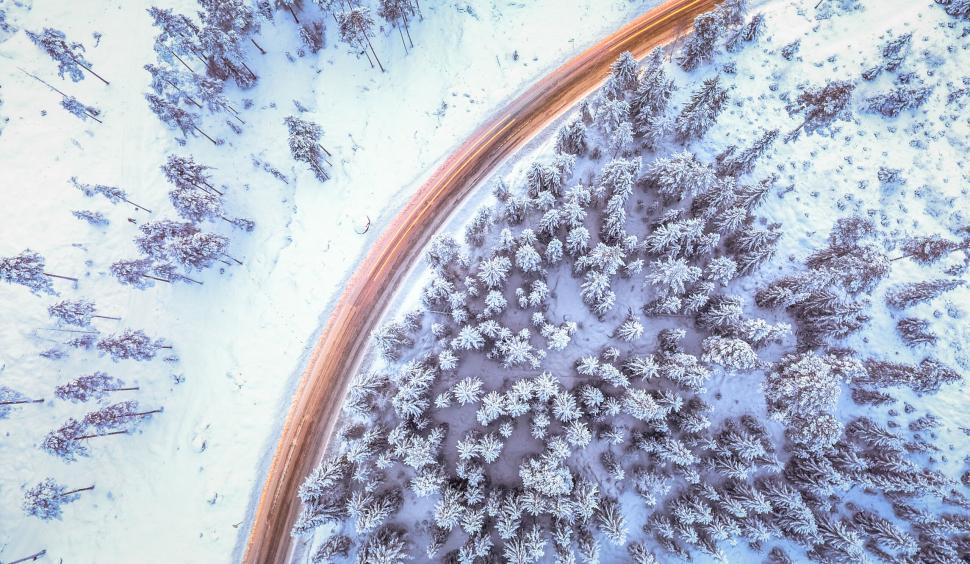 Free Image of Aerial view of snowy road and trees 