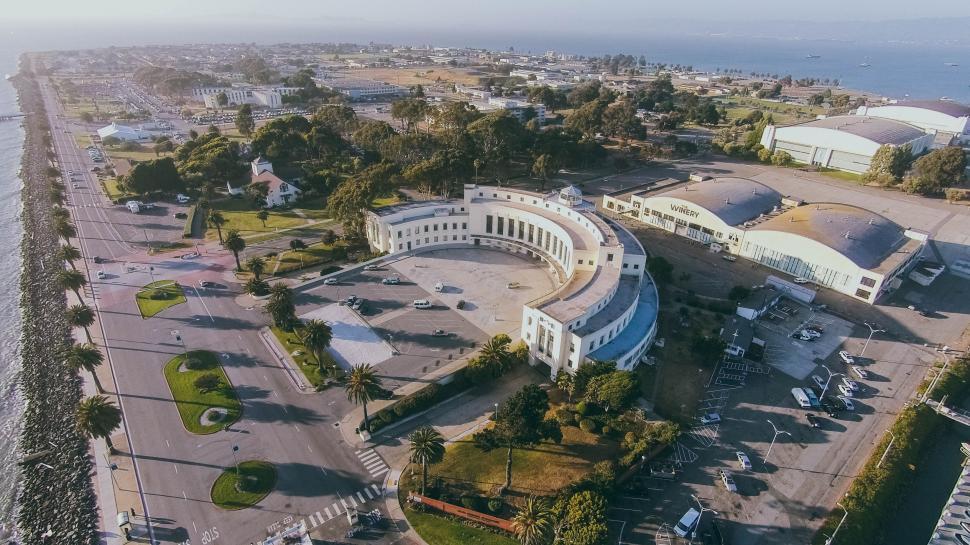 Free Image of Drone shot of a historic seaside pavilion 