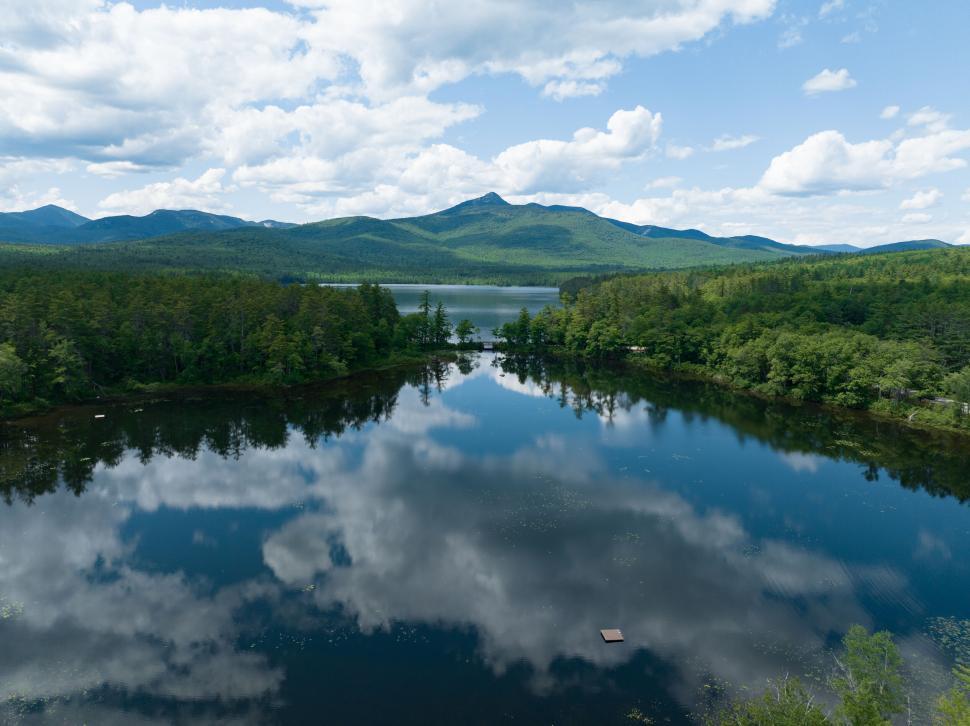Free Image of Aerial view of a lake with mountains in distance 