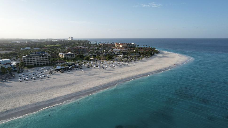 Free Image of Tropical beach with hotels and palm trees 
