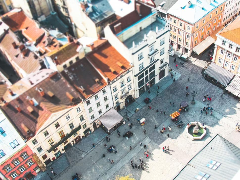 Free Image of Aerial view of historical European town square scene. 