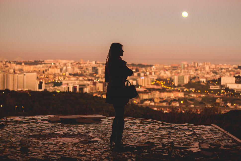 Free Image of Silhouette of woman viewing cityscape under twilight sky 