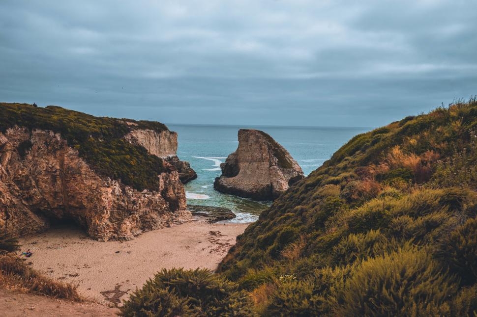 Free Image of Coastal cliffs with beach and sea under cloudy skies. 