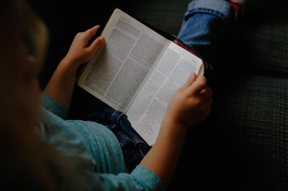 Free Image of Young child reading a book seated on a dark couch 