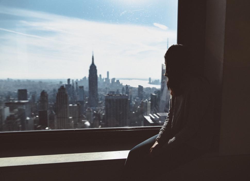 Free Image of Silhouette of a person gazing at city skyline through a tall window 