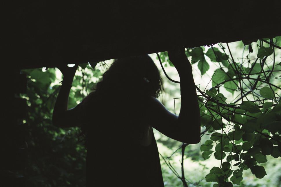 Free Image of Silhouette of a person in a forest entryway overgrown with greenery. 