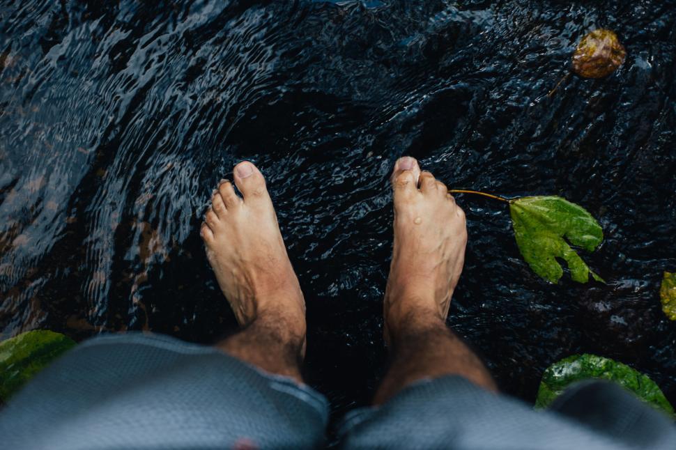 Free Image of Bare feet standing in shallow water with leaves on the surface 