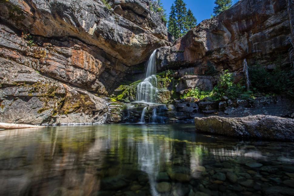 Free Image of Waterfall cascading into a clear pool surrounded by rocky walls. 