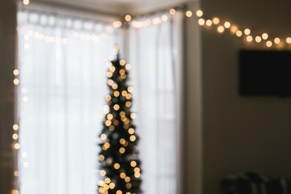 Free Image of Blurred Christmas tree with fairy lights in a softly lit room corner 