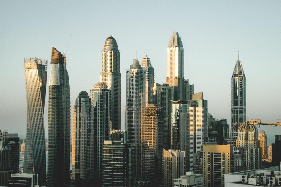 Free Image of Modern skyscrapers skyline with various architectural designs. 