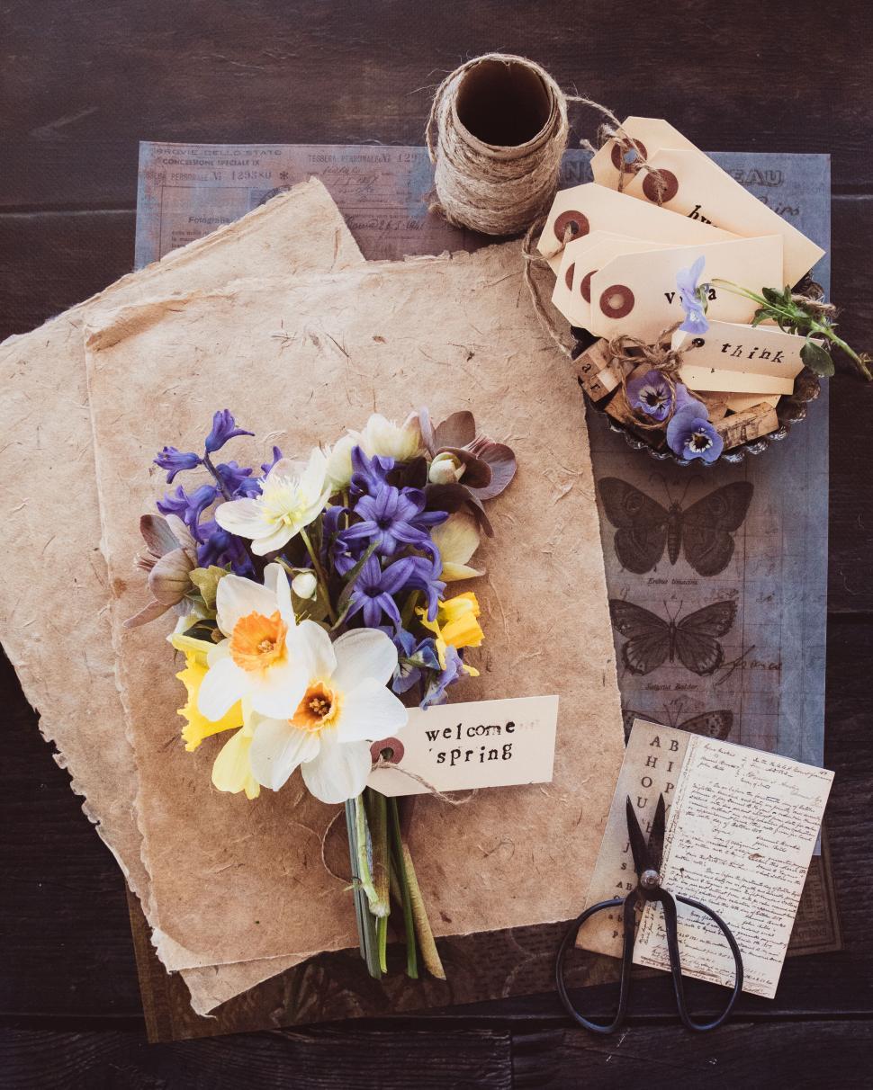 Free Stock Photo of Handcrafted spring bouquet with handwritten tags ...