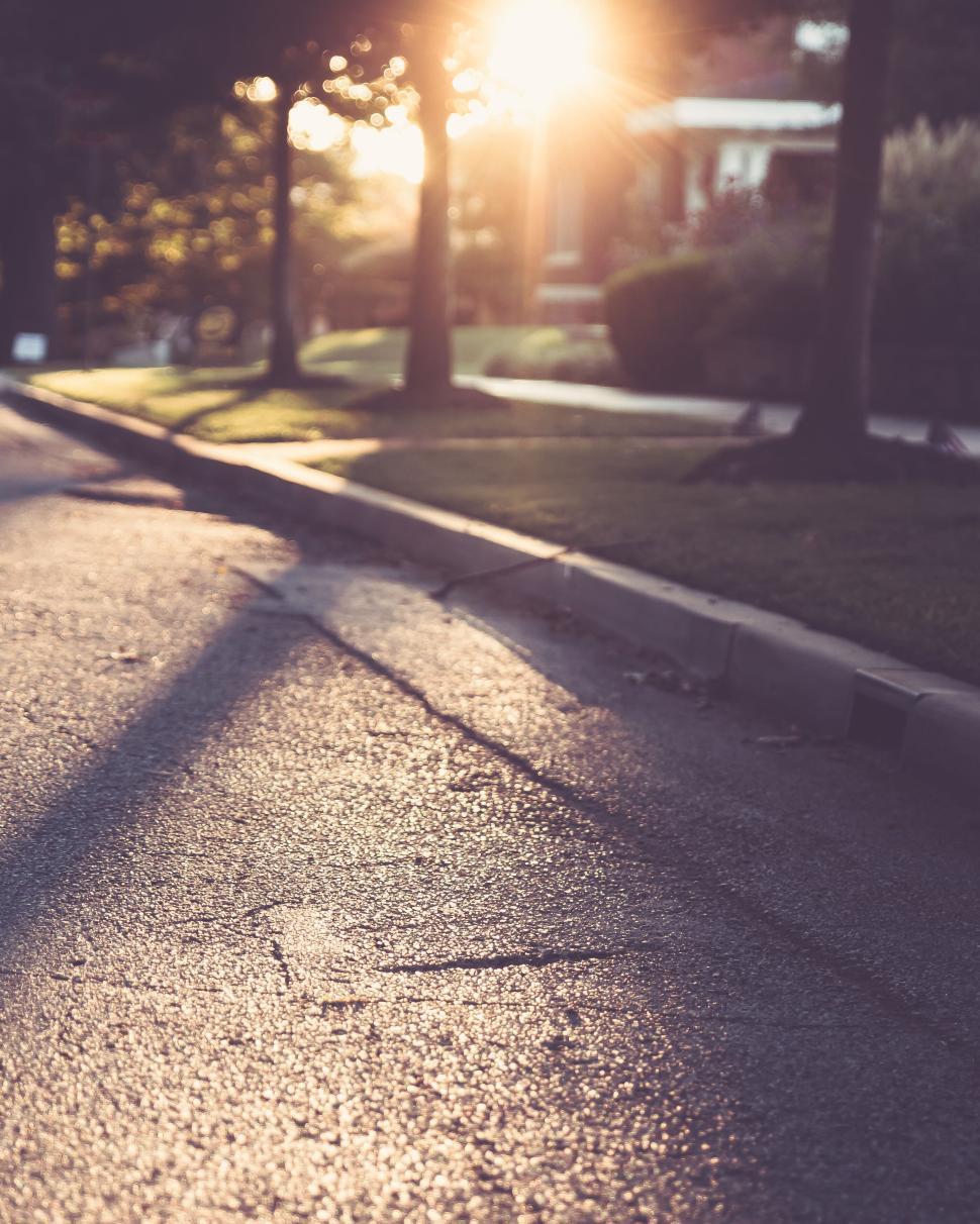 Free Image of Sunset casting warm glow on a quiet suburban street with trees lining. 
