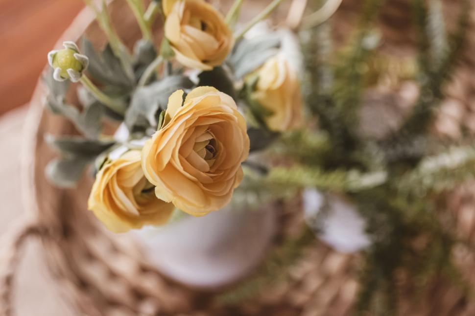 Free Image of Yellow buttercup flowers in a soft-focus wicker basket arrangement 