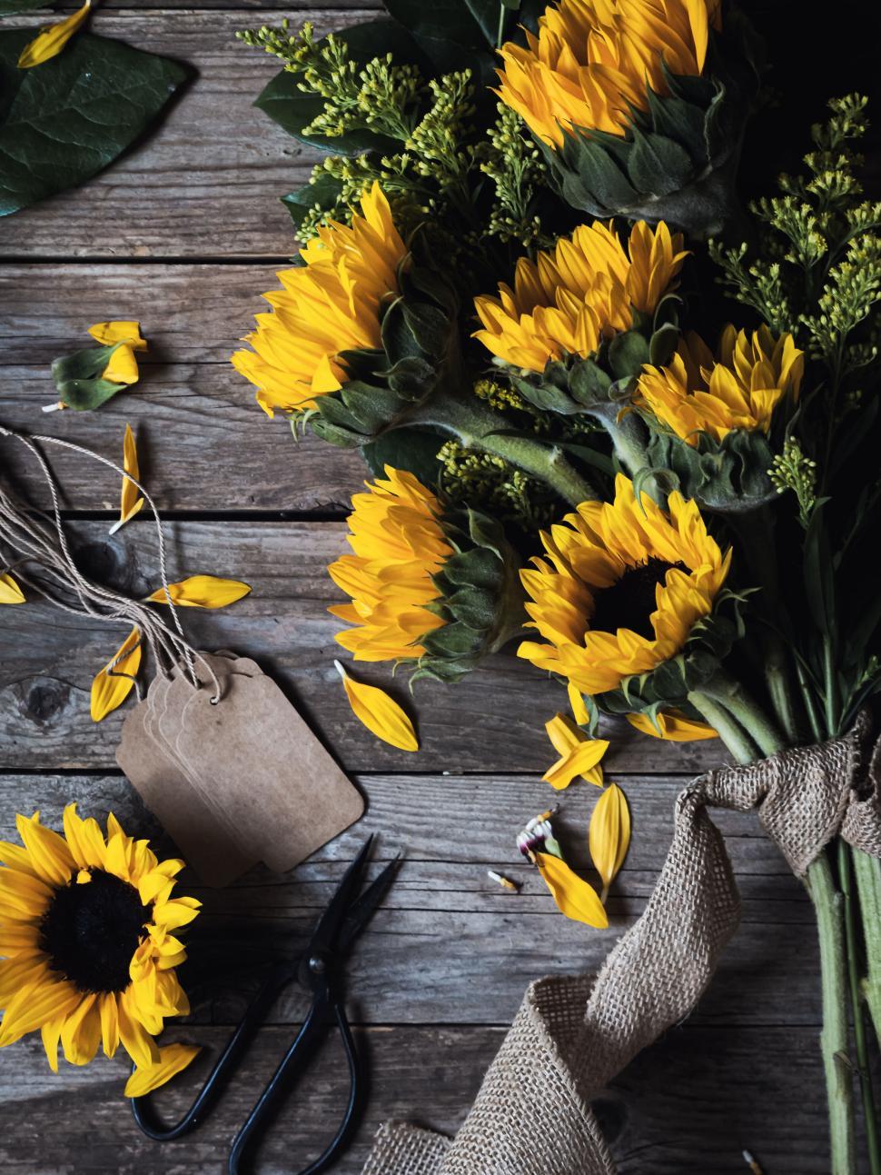 Free Stock Photo of Sunflower bouquet placed on rustic wooden ...