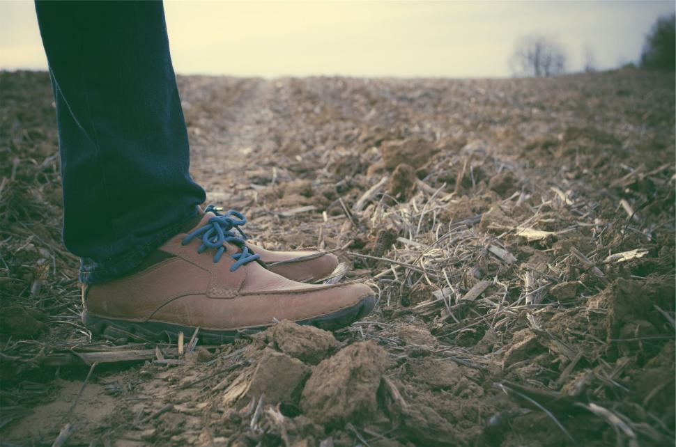 Free Image of Person in brown shoes standing in a barren agricultural field. 