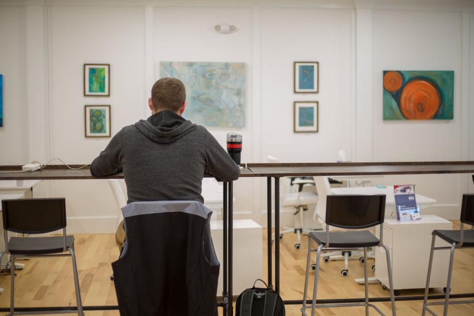 Free Image of Back view of man in gray hoodie working on laptop in office 