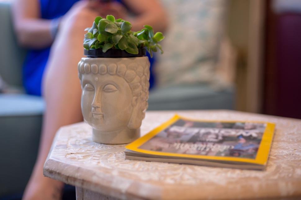 Free Image of Buddha planter on table with magazine and blurred person background. 