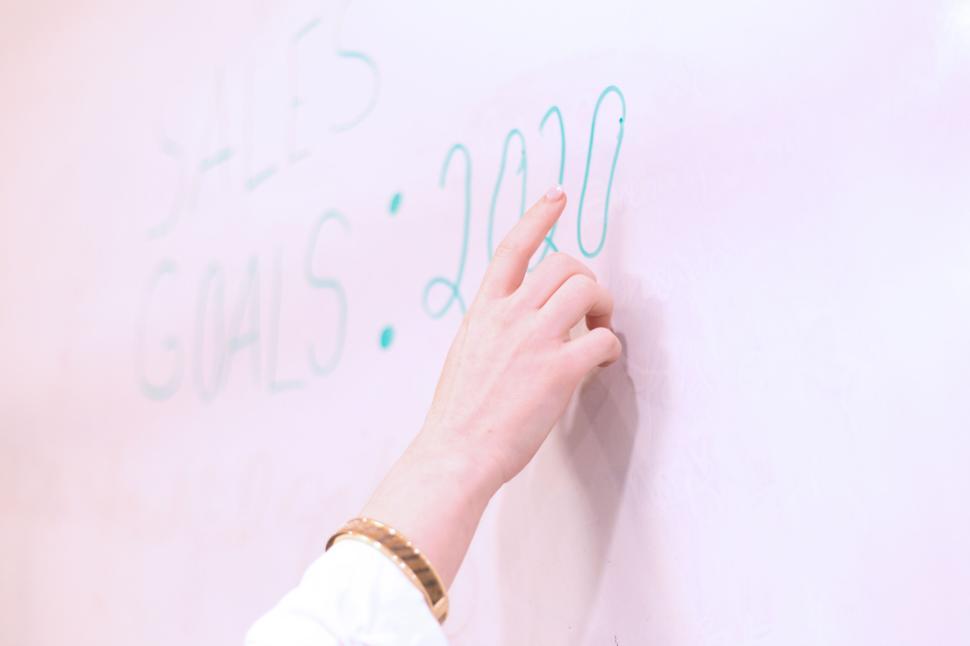 Free Image of Hand pointing to 2020 goals on a whiteboard during business meeting. 