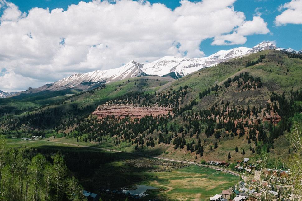 Free Image of Snow-capped mountains with lush valleys and bright sky 