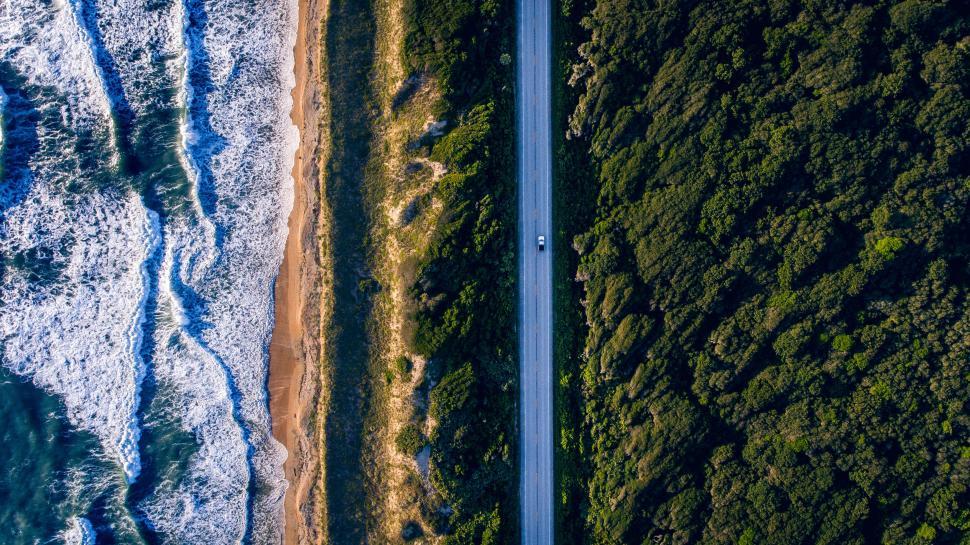 Free Image of Aerial view of road dividing dense forest and crashing ocean waves. 