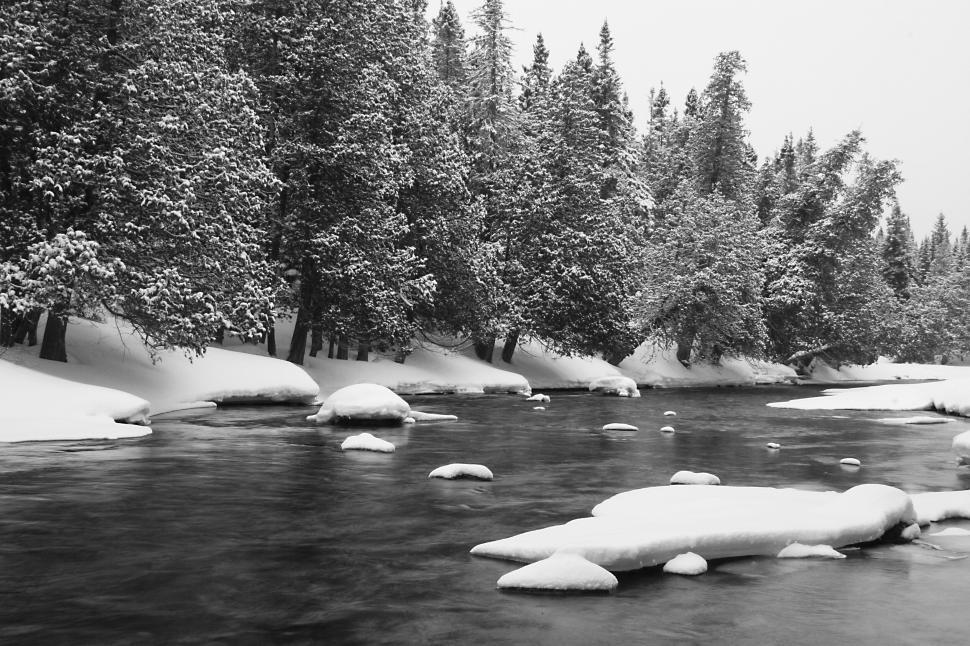 Free Image of Serene winter landscape with a flowing river and snowy trees. 