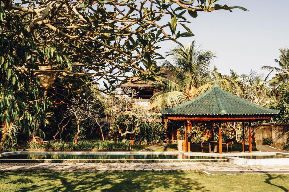 Free Image of Tranquil garden gazebo under tree with lush foliage and pathway 