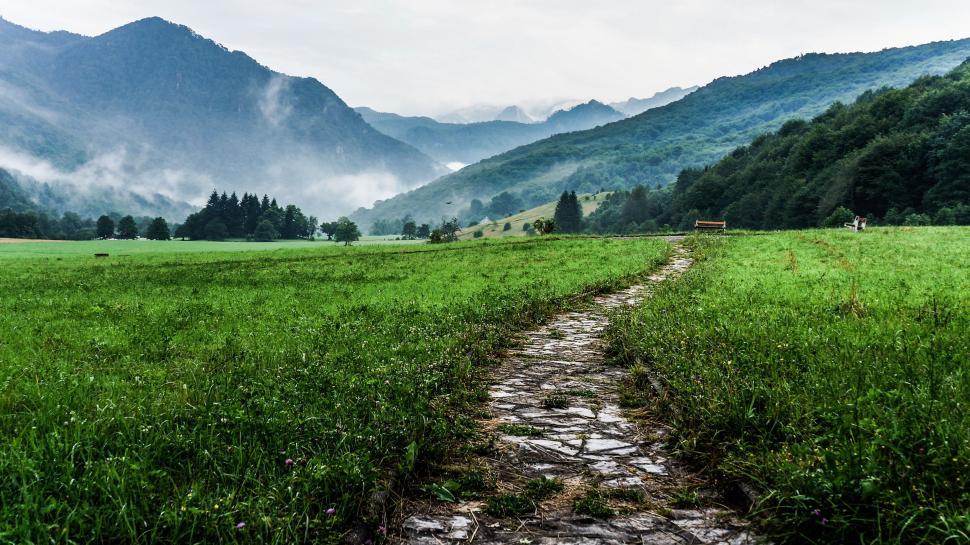 Free Image of Stone path through green meadow leading to mountains in distance 