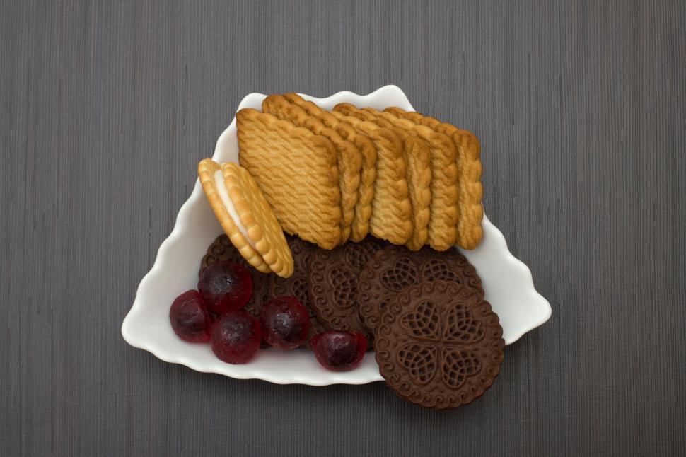 Free Image of Mixed biscuits with cherries on a plate 