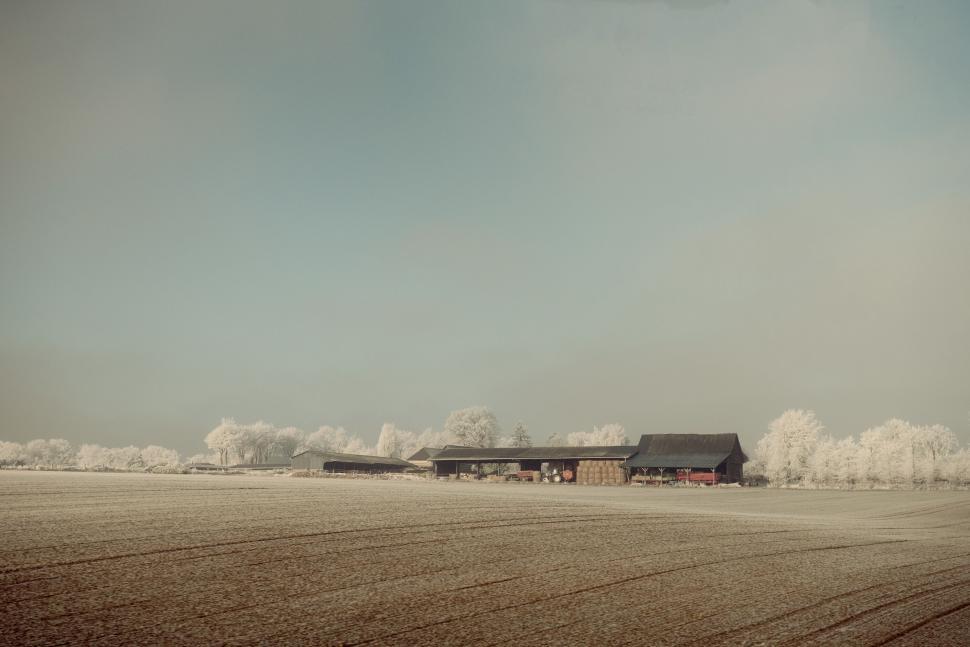 Free Image of Frost-covered rural landscape with farm buildings under clear sky 