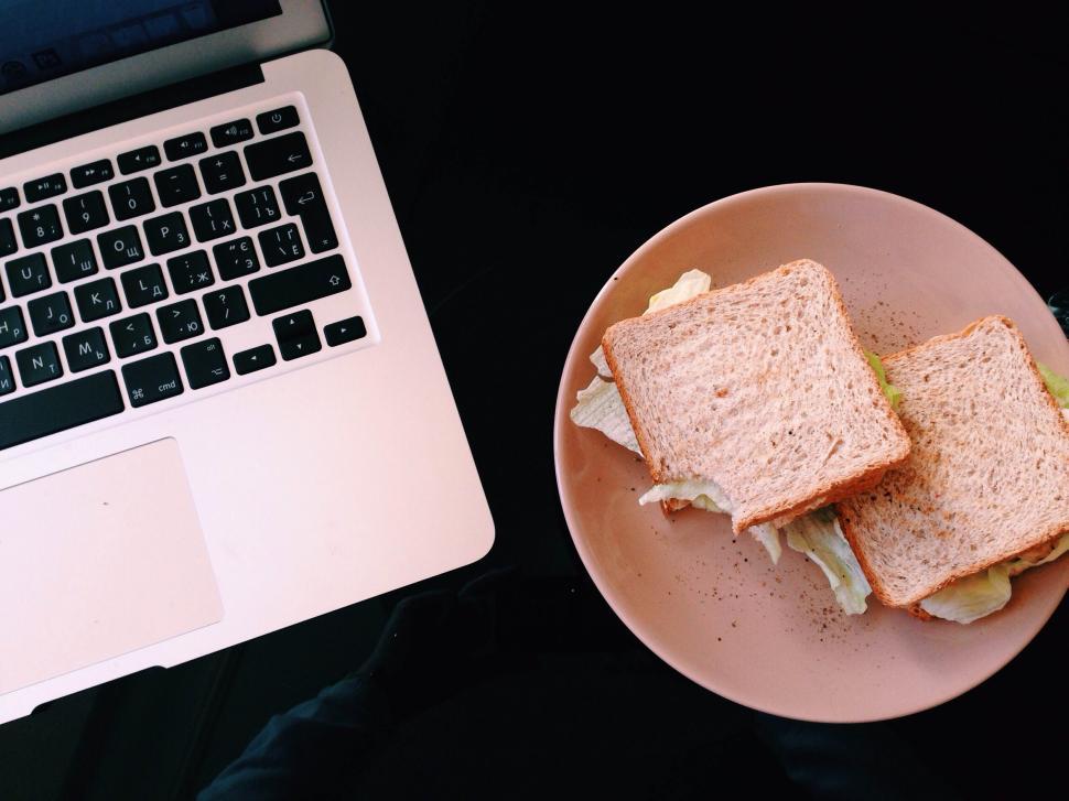 Free Stock Photo of Laptop beside plate with a sandwich on a wooden ...