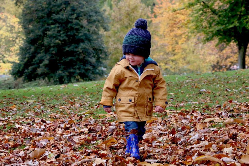Free Image of Child in cozy winter attire walking through autumn leaves in park 