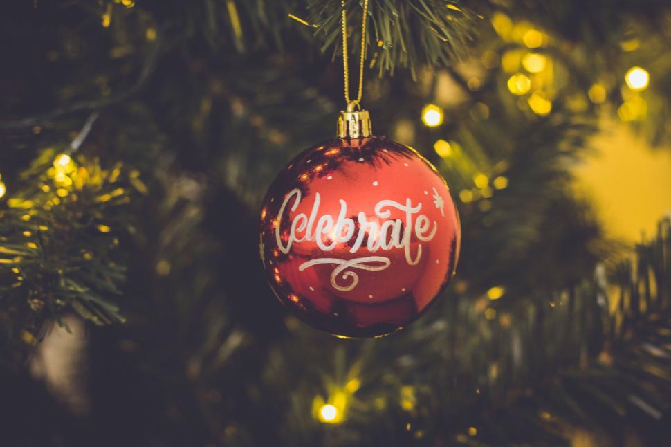 Free Image of Red ornament with  Celebrate  on it hung on Christmas tree. 