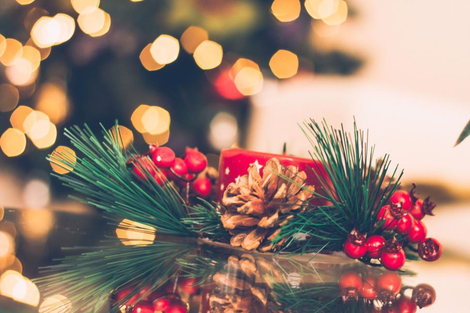 Free Image of Festive pinecone decoration on reflective surface indoors. 