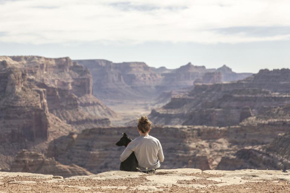 Free Image of Person with dog overlooking a grand canyon view 
