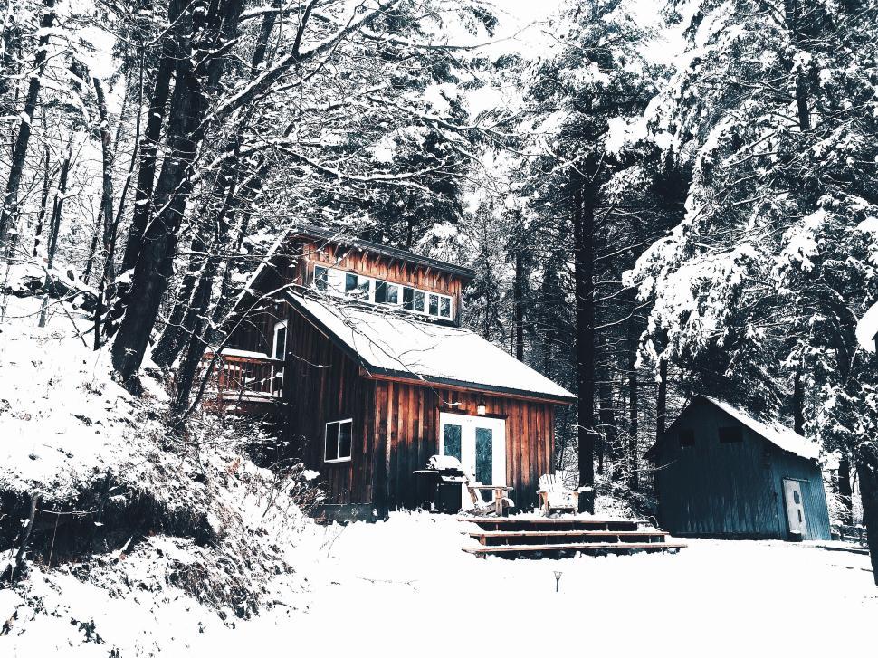 Free Image of Snow-covered wooden cabin in forested wilderness 