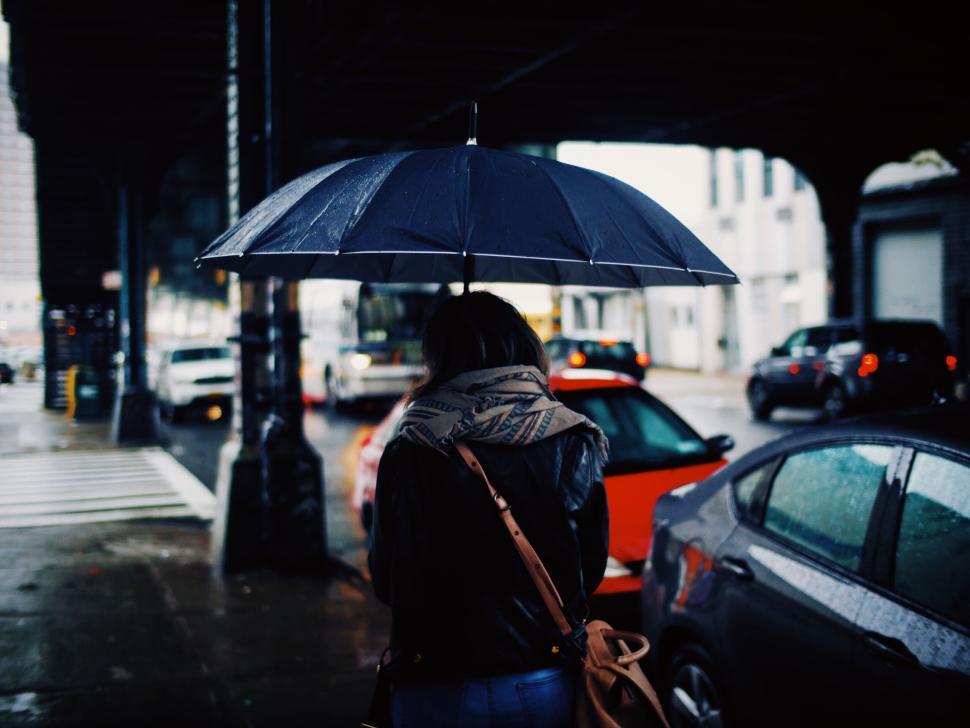 Free Image of Person holding a black umbrella on a rainy urban street 