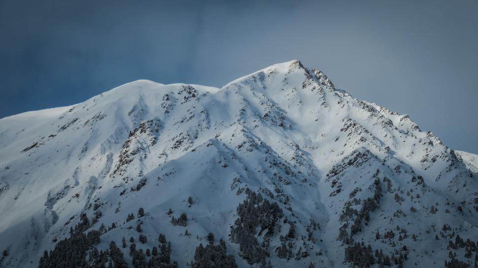 Free Image of Snow-covered mountain peak against a dark sky 