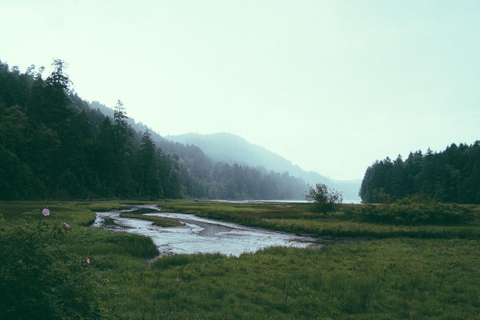 Free Image of Wide river meandering through lush green valley area 