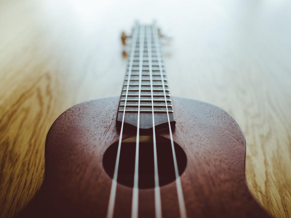 Free Image of Close-up of a ukulele, strings clearly visible, wooden board 