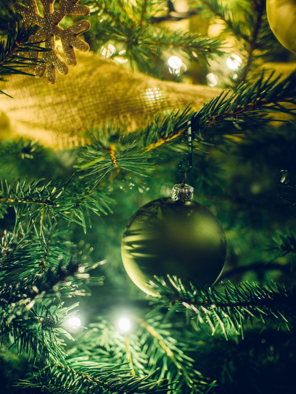 Free Image of Green Christmas ornament hanging on a Christmas tree 