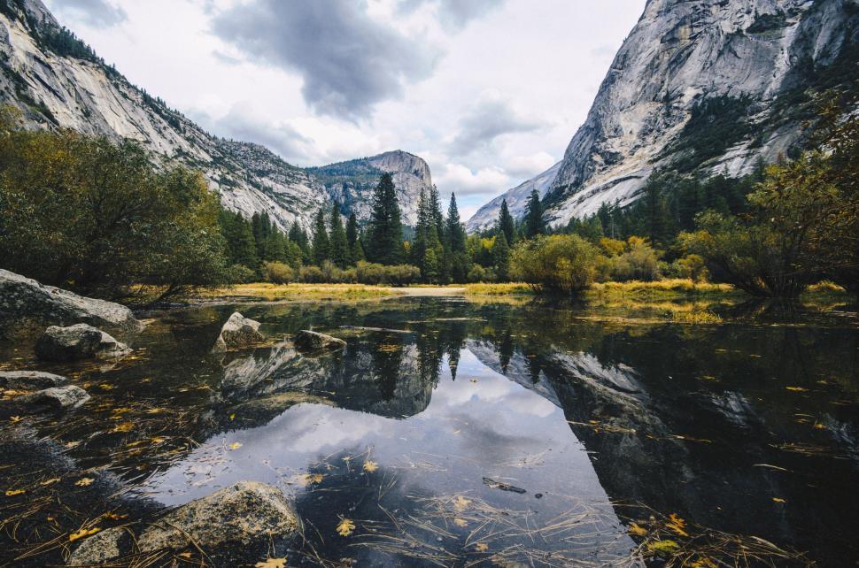Free Image of Mirror lake reflecting surrounding mountains and trees 