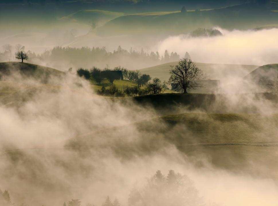 Free Image of Foggy hills and trees with early morning sunlight rays. 