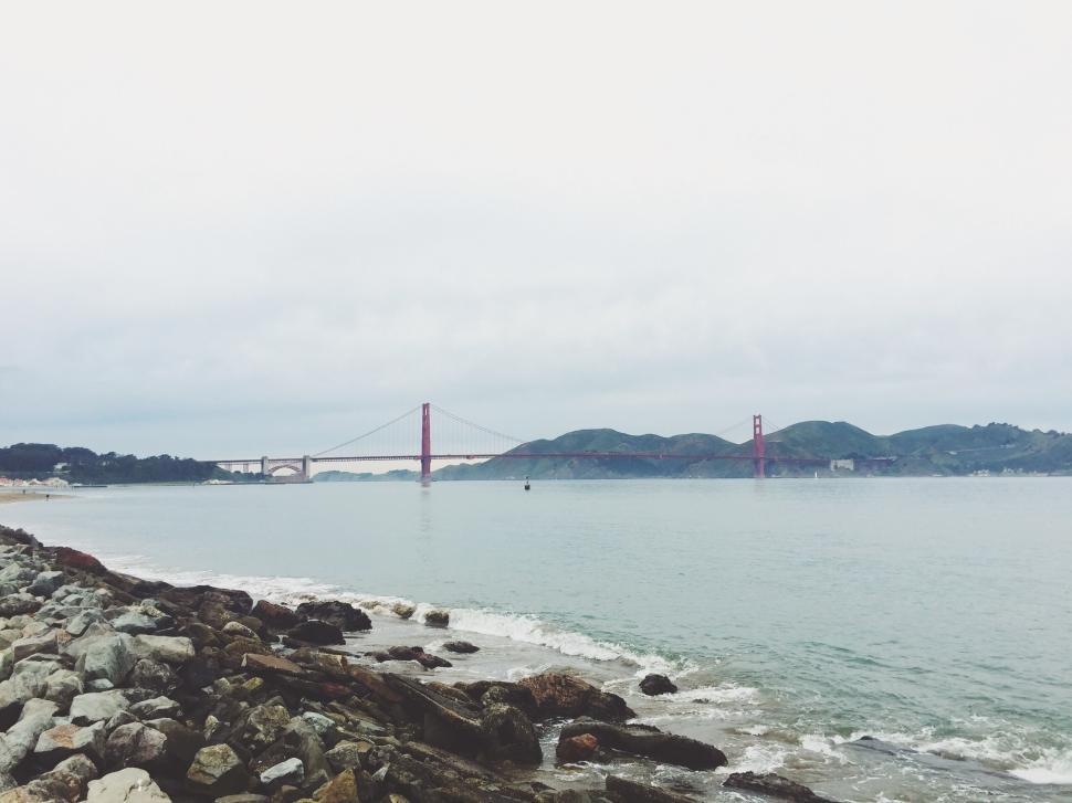 Free Image of Golden Gate Bridge on a cloudy day with rocky shore 