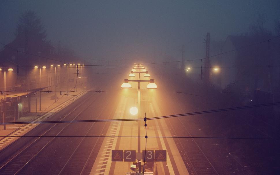 Free Stock Photo of Foggy train station illuminated by soft glowing ...