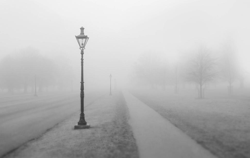 Free Image of Foggy path with street lamps fading into the distance 