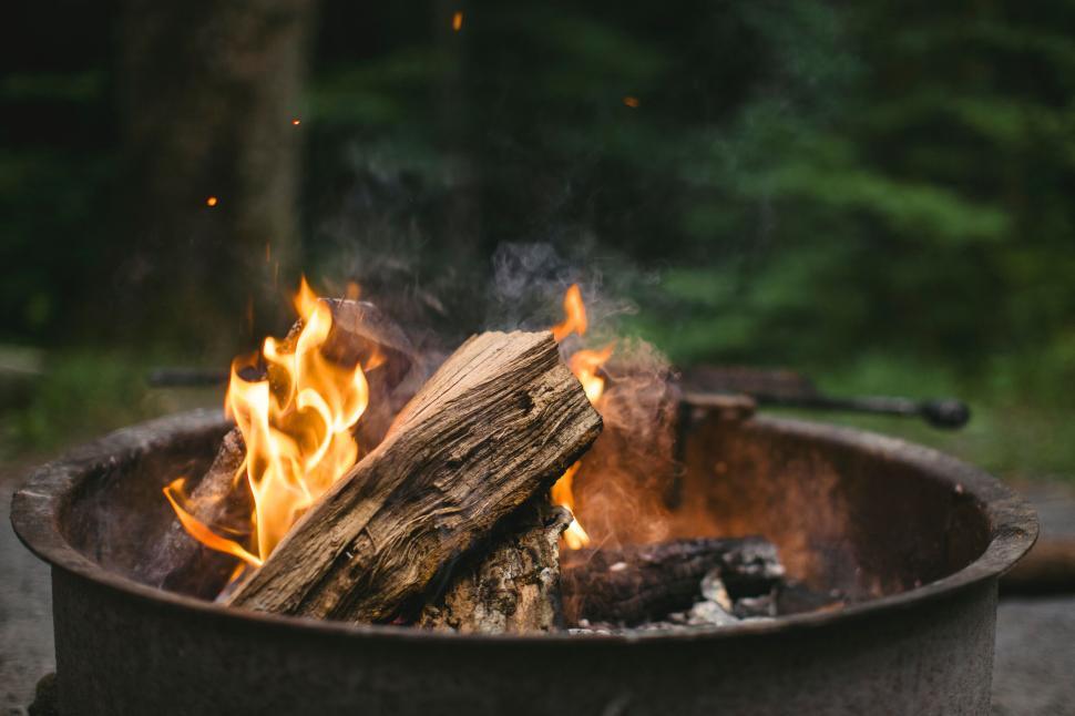Free Image of Logs burning in a fire pit surrounded by green forest 