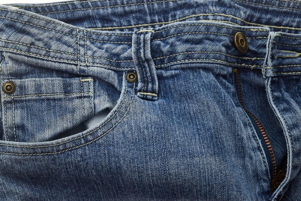 Free Image of Blue denim jeans showing a close up of a pocket and button 