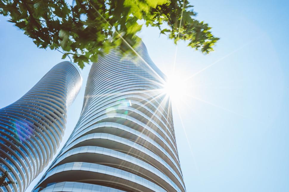Free Image of Sunlight through twin towers with curved shapes and leaves. 